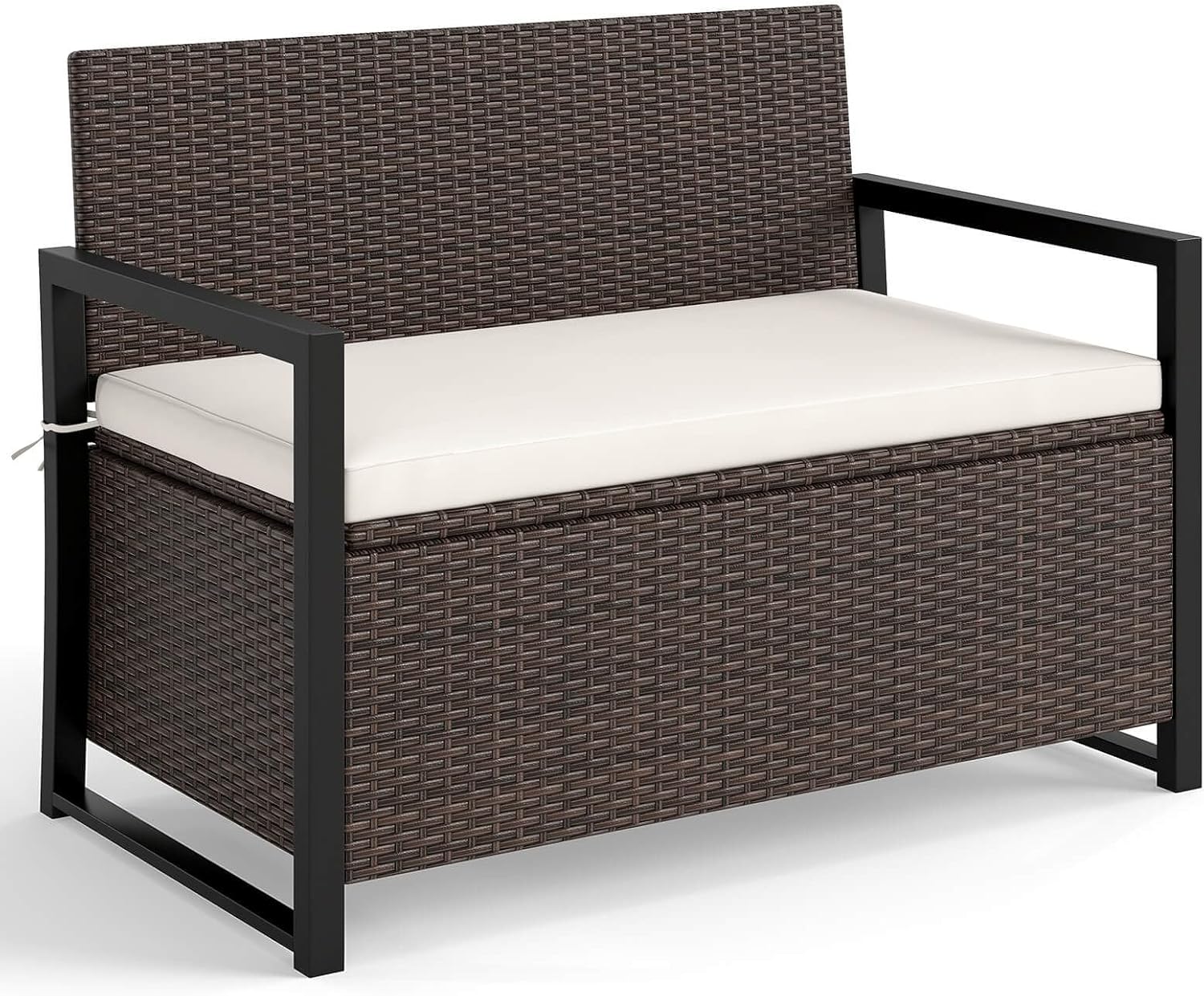 Patio Storage Bench Sturdy Wicker Loveseat w/Built-in Storage & Long Seat Cushion