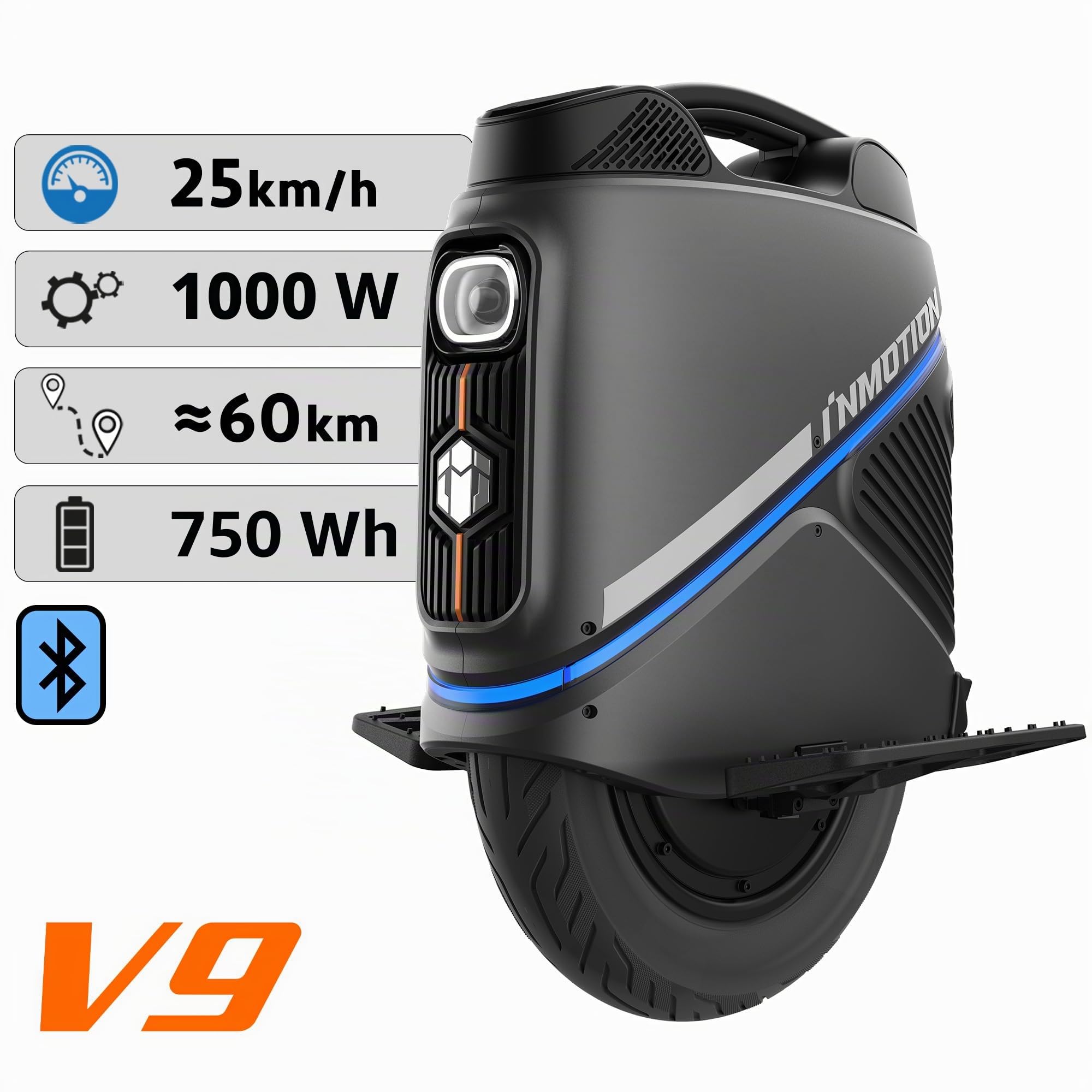 INMOTION Gyroroue Electrique V9, Adulte, Noir, Taille Unique EU, Suspensions, Moteur 1000W, Autonomie jusqu'à 45km, 25km/h, Pneu Gonflable 16", Fine et Puissante