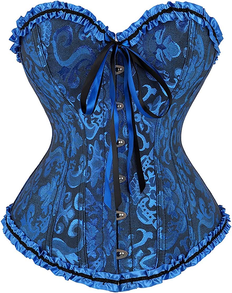 fierre shann Women's Lace Up Overbust Corset | Bustier Lingerie Satin Floral Bustier Bodyshaper Top | Dark Blue - M-picture-38