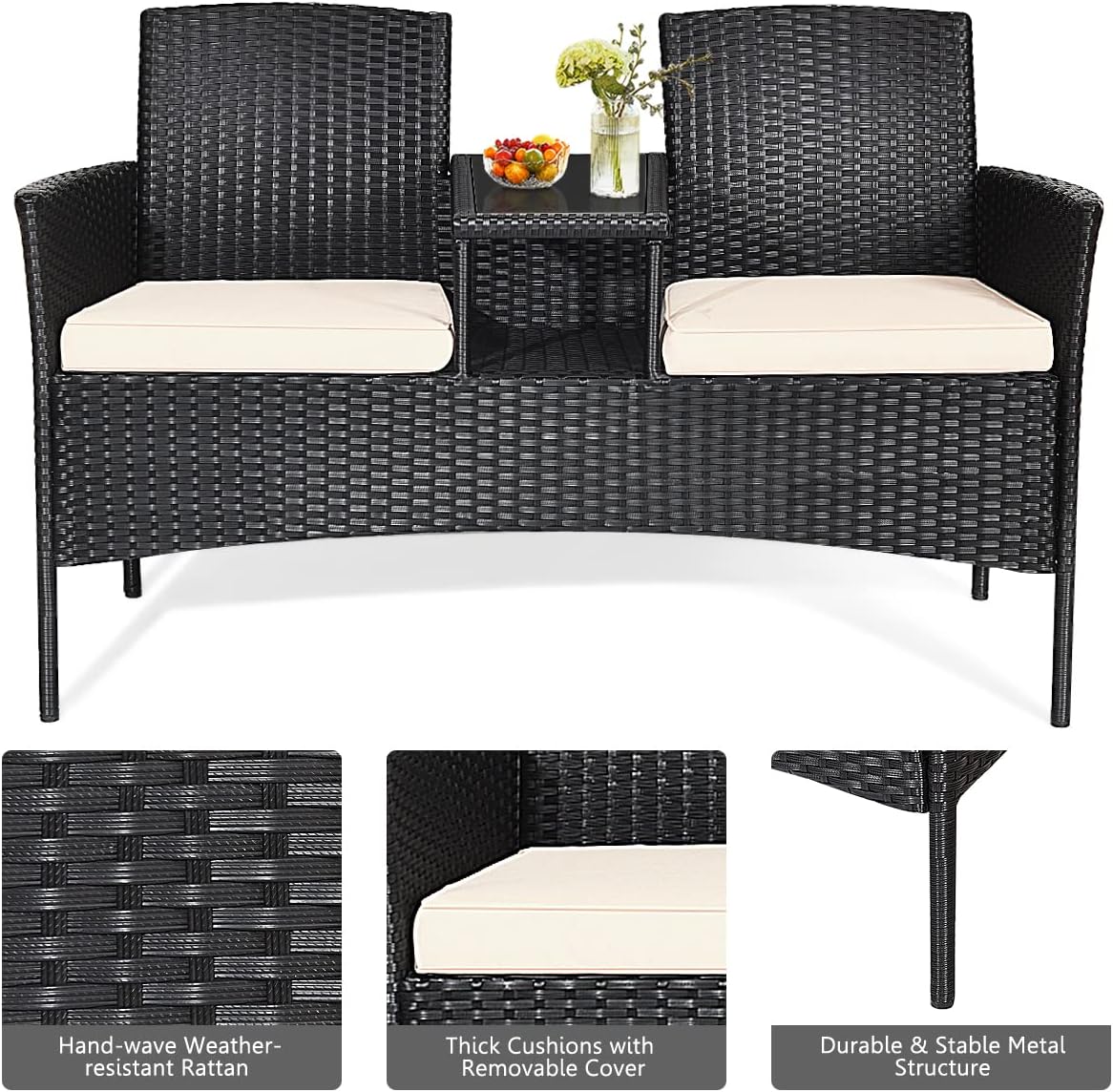 Outdoor Love Seat Set Patio Conversation Set with Cushion & Built-in Coffee Table, Outdoor Rattan Sofa Furniture Set for Garden, Lawn, Backyard (Beige)
