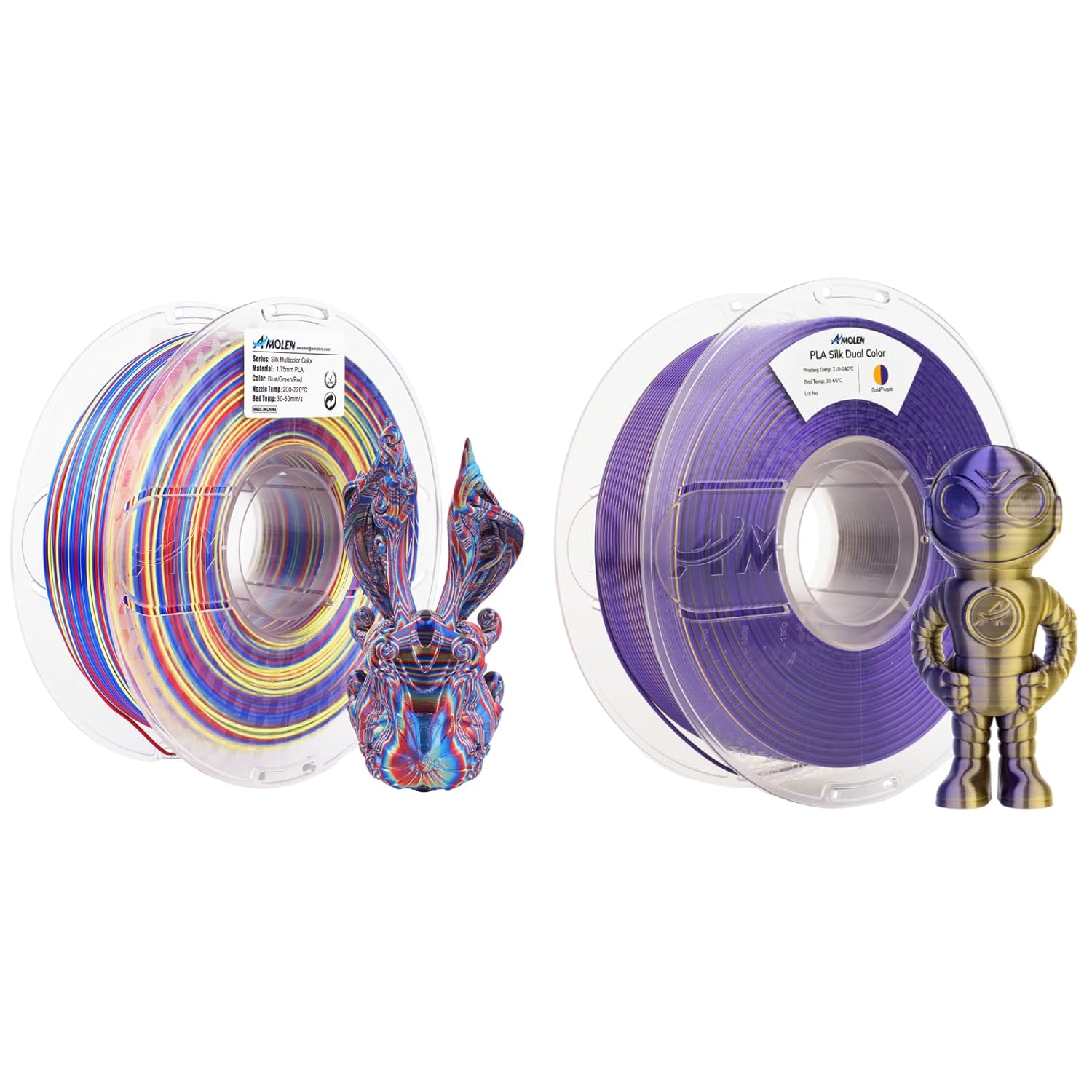 AMOLEN Silk PLA Filament Bundle, Multicolor Rainbow Blue Red YellowGreen & Dual Color Gold Purple PLA