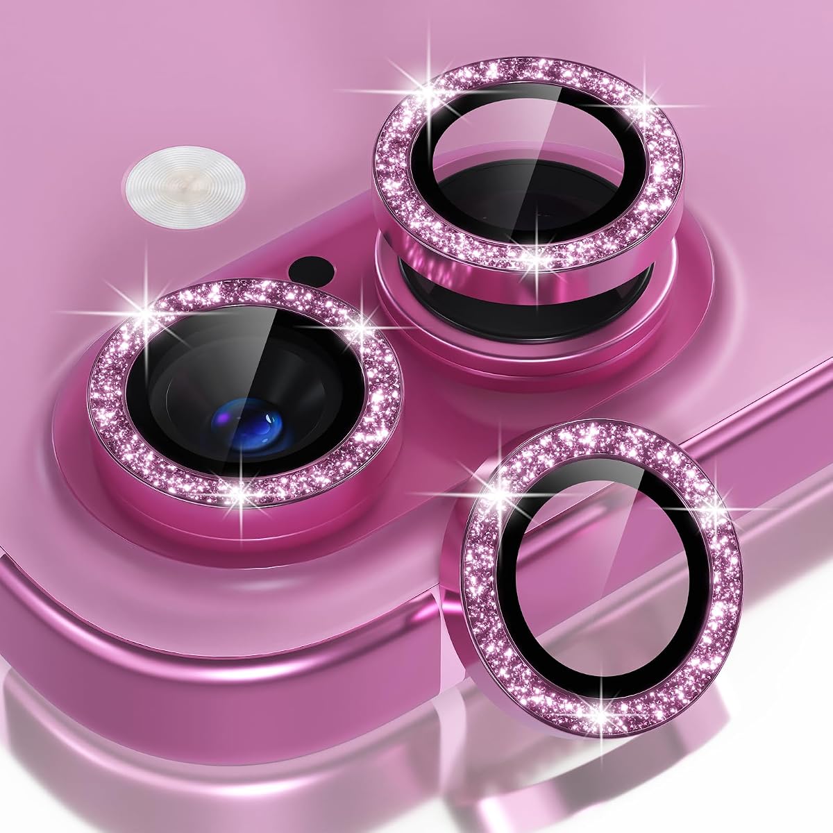 for iPhone 16/16 Plus Camera Lens Protector Bling, Glitter-Pink | Ultra HD, 9H Tempered Glass Camera Cover Screen Protector Metal Individual Ring Decoration Accessories, 2-Lens, 6.1/6.7-inch