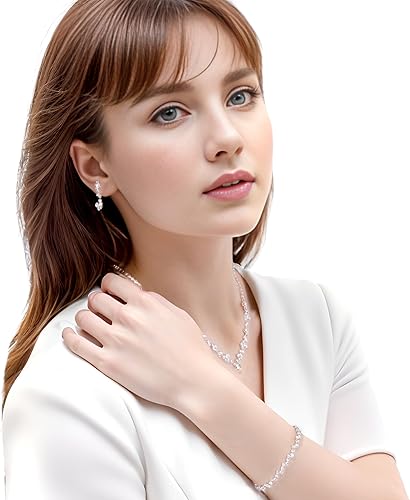 Miniatura 7 de Jmkcoz Women Jewelry Set Silver Necklace Earrings Bracelet Rhinestone Crystal Bridal Wedding Jewelry Sets for Brides Bridesmaid Wedding Party