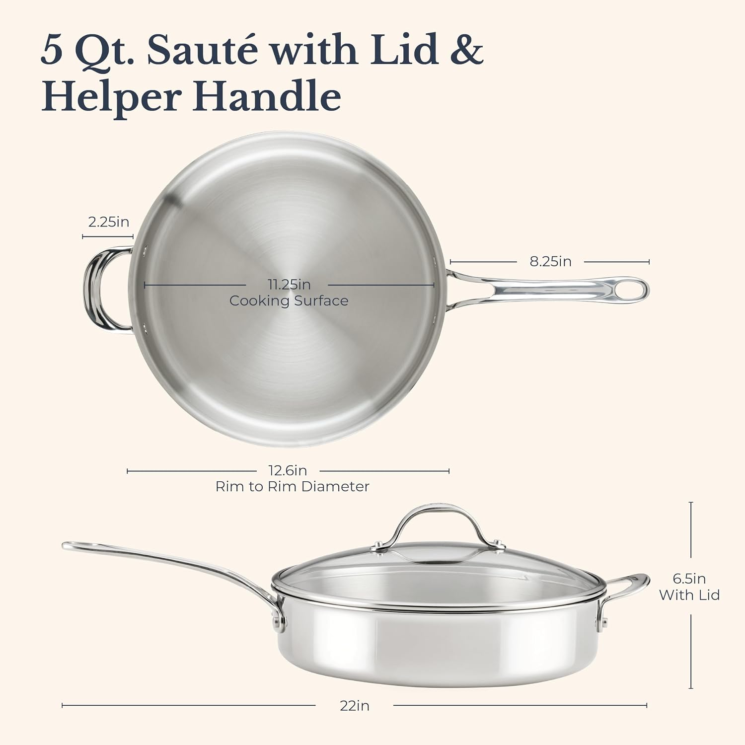 Anolon Vanderpump Tri-Ply Clad Stainess Saute Pan with Lid, 5-Quart, Stainless Steel