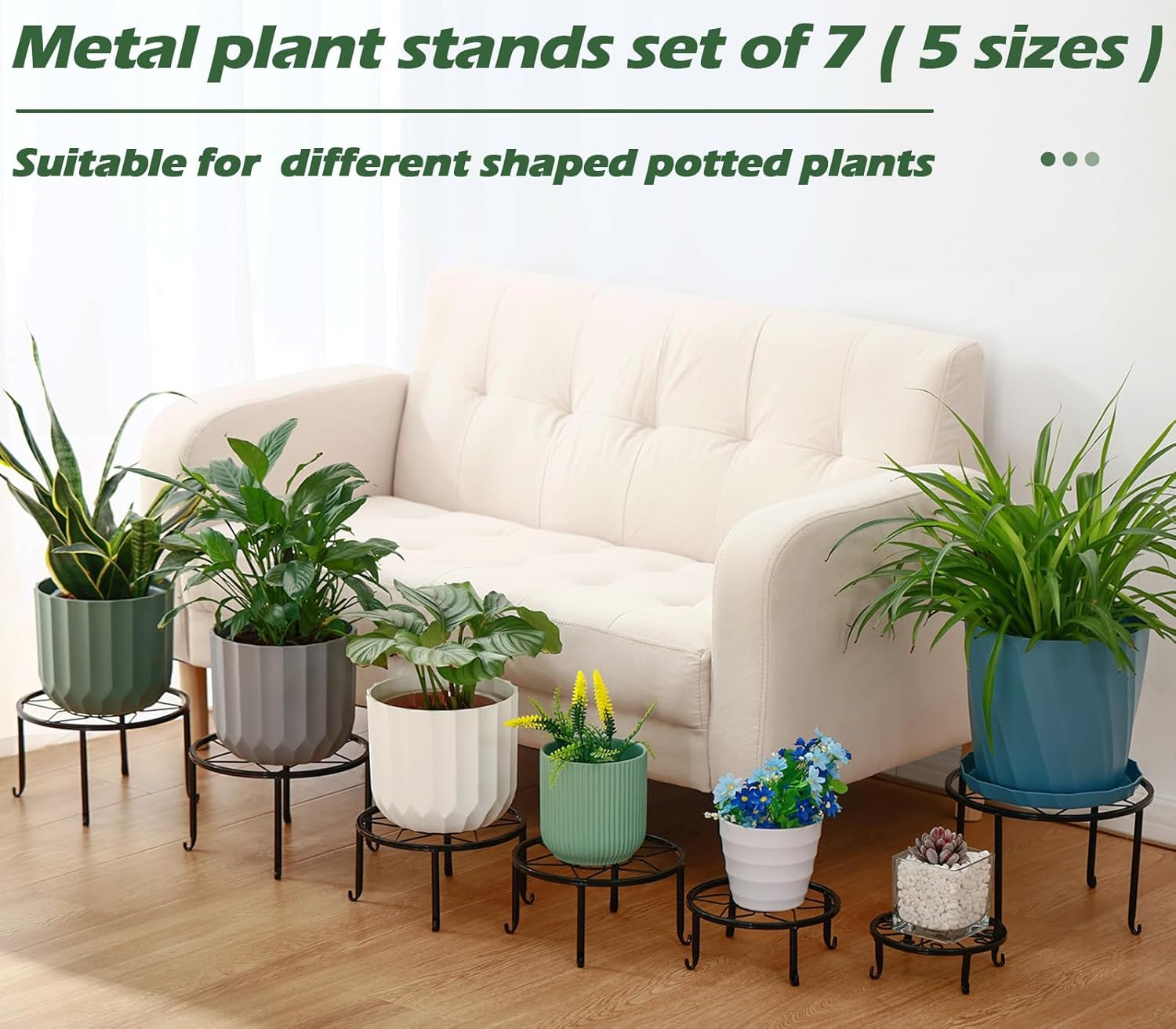 7-pack Metal Plant Stands Indoor Outdoor Rustproof Iron Potted Plant Holder Heavy-duty Round Flower Pot Riser Shelf for Garden, Patio, Corner Stand with Clear Water Tray 6.9"/ 7.9"/ 9"/ 10"/ 11"