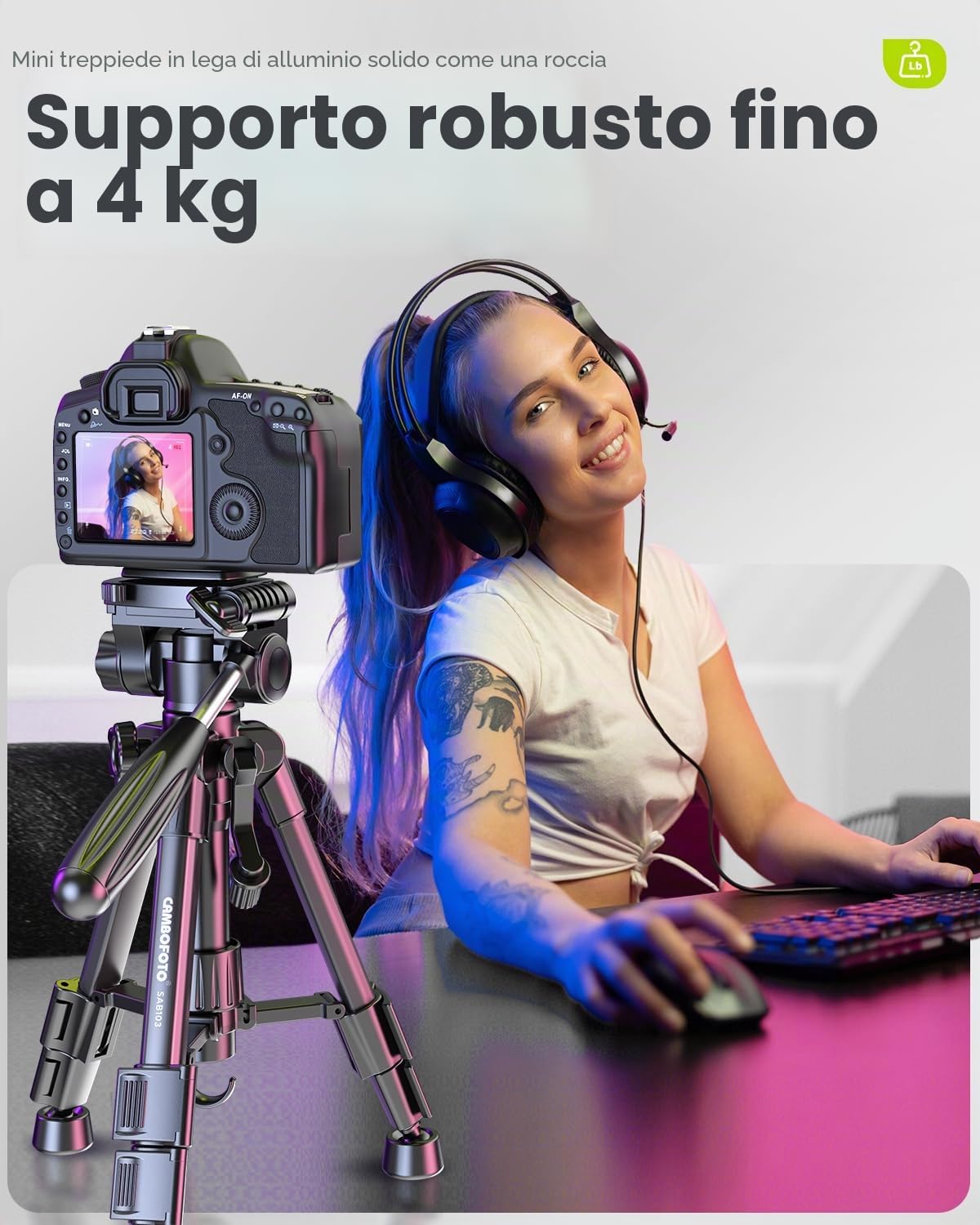 CAMBOFOTO Mini Treppiede da Viaggio 62cm Leggero, Treppiede Portatile per Smartphone/Fotocamera, Testa a Sfera 360°, 3 Sezioni Regolabili, Supporto fino a 2kg - Per Vlog, Viaggi