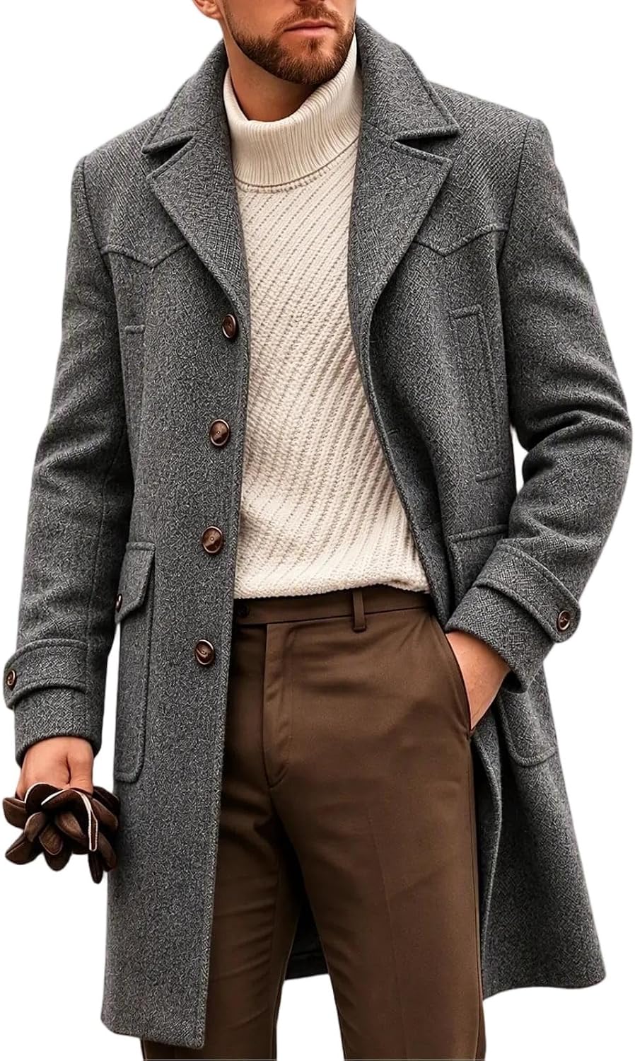 Mens Single Breasted Overcoats Notched Lapel Fall Winter Jackets