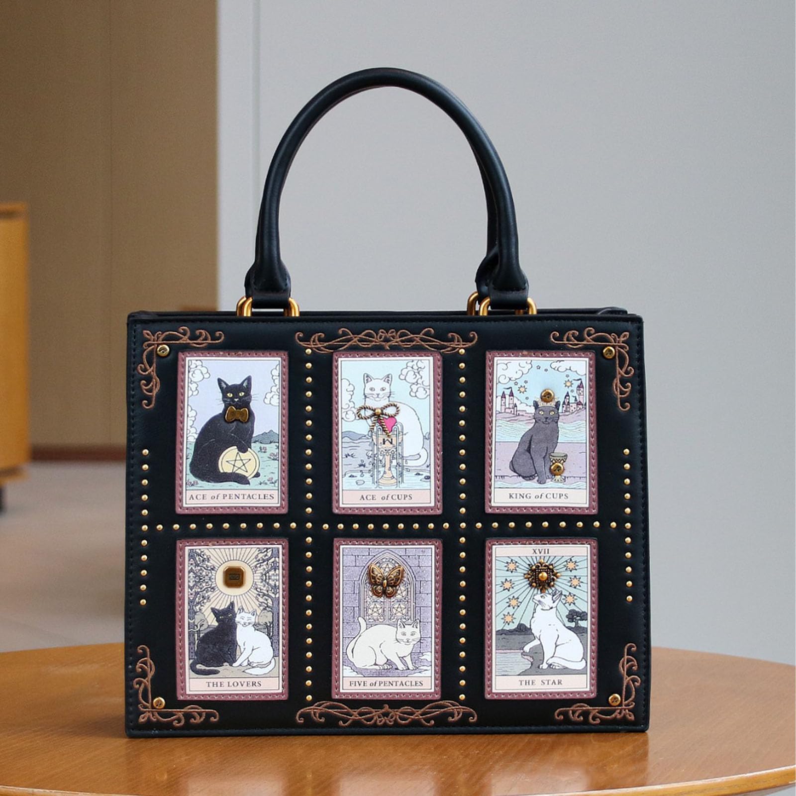 Borsa a mano con ricamo a forma di gatto, con tracolla regolabile e tasche multiple, in poliuretano, borsa a tracolla da donna, per uso quotidiano da donna, borsa a tracolla regolabile, ricamata