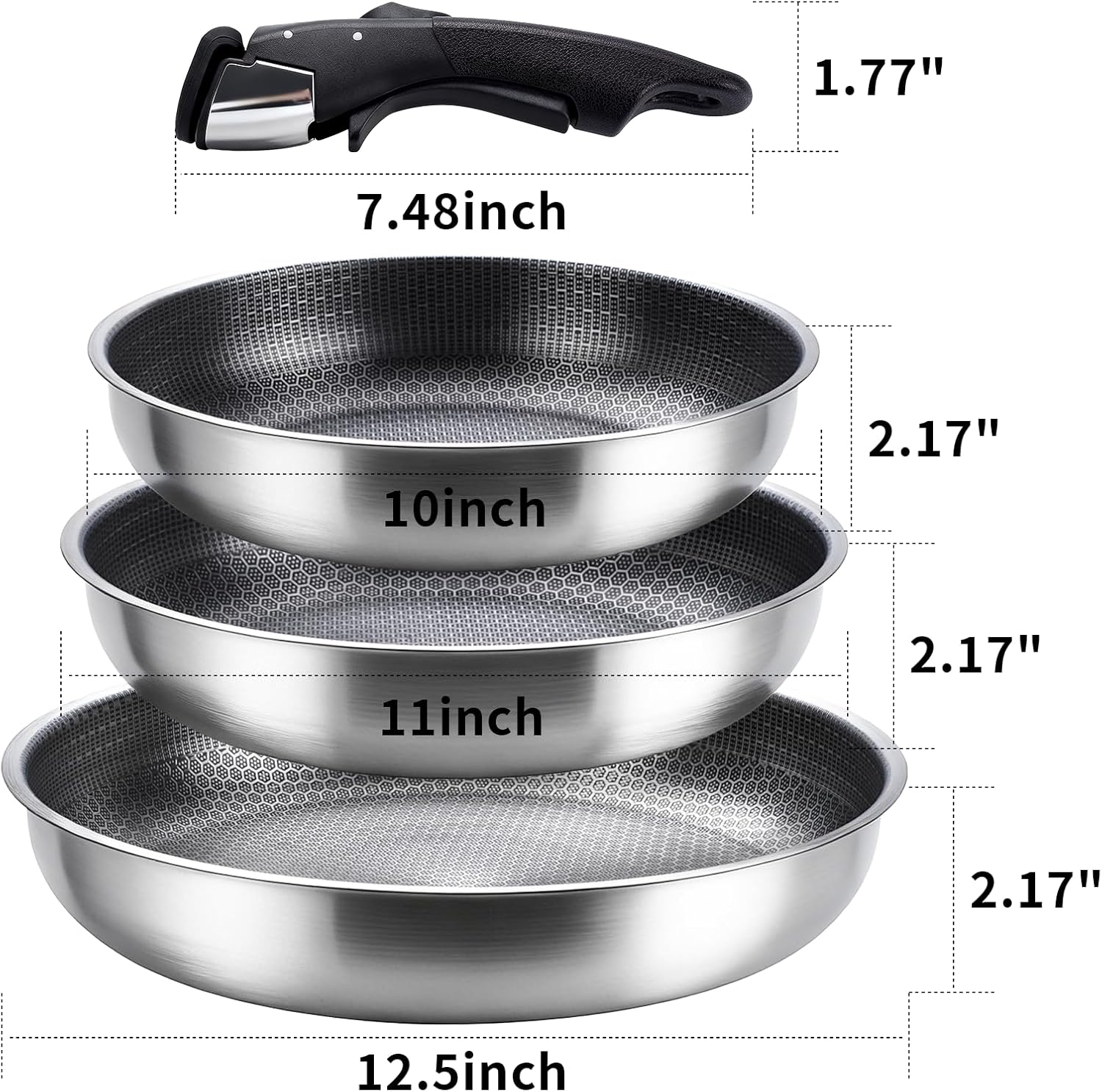 3-Piece Stainless Steel Frying Pan Set, 10”/11”/12.5”Stackable Kitchen Cookware Set with Detachable Handle, Oven Safe Cooking Pan, Suitable for All Stove