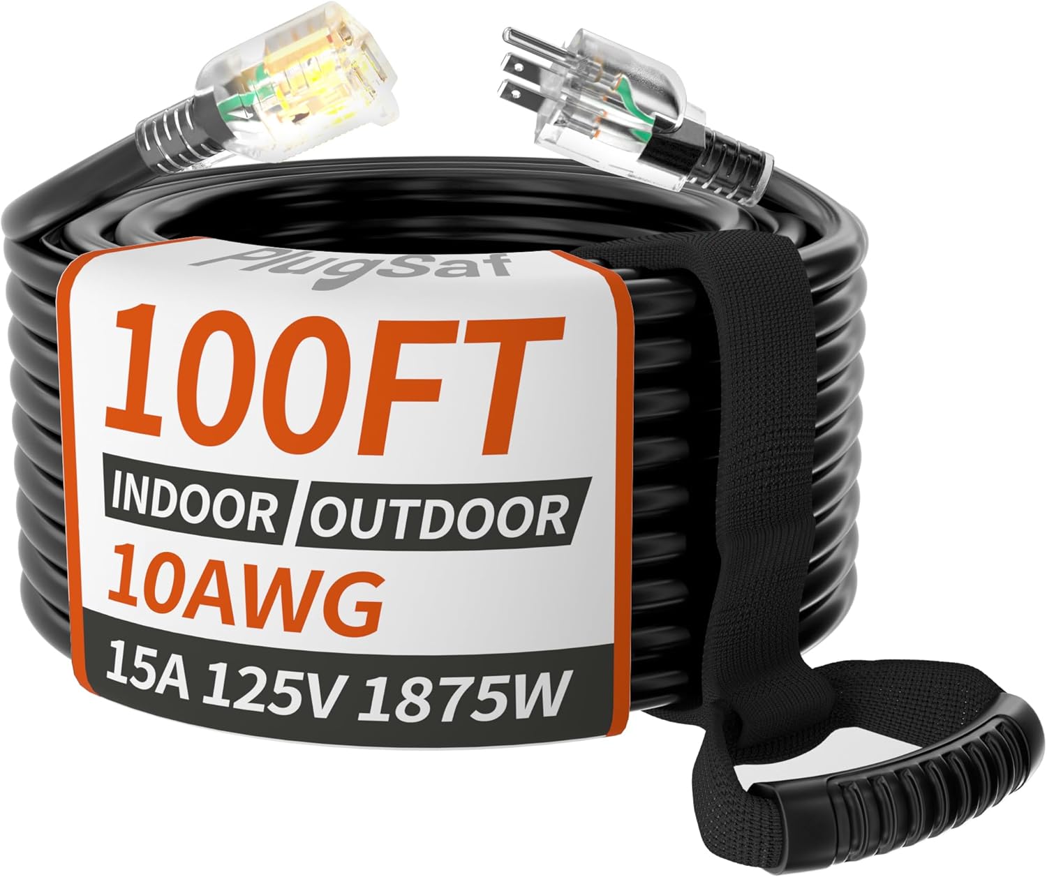 100ft 10 Gauge Outdoor Extension Cord Waterproof with Lighted Indicator,10 AWG SJTW Heavy Duty 15Amp 1875W,3 Prong Cords Flexible Copper Black ETL Listed