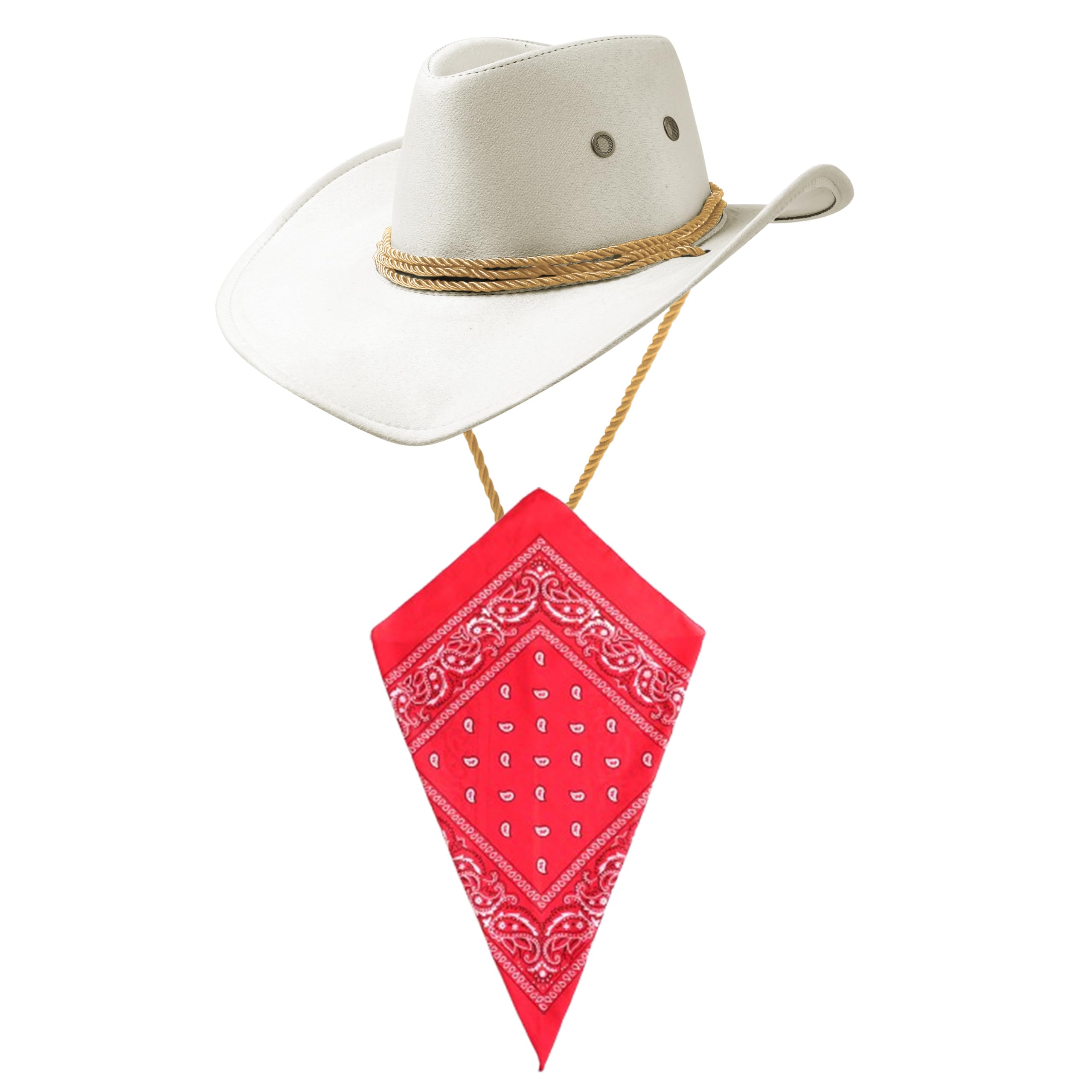 Komonee White Cowboy Hat and Red Bandana Western Sun Cap Faux Felt Leather Suede Fancy Dress Party Costume Outfit Neckscarf Protection Mens Womens โ image 1