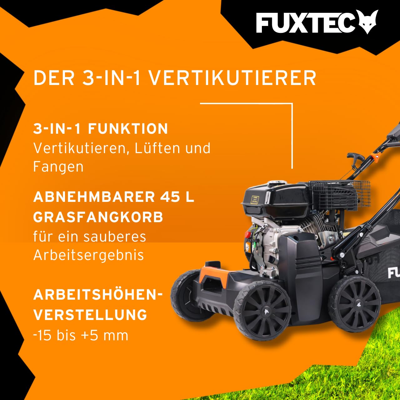 FUXTEC Vertikutierer 3in1 FX-BV240 4-Takt-Motor 4,1kW 18 Messer und 24 gefederte Krallen Front-Tragegriff und 45L Fangkorb