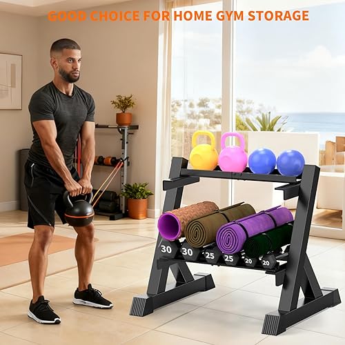 Miniatura 6 de TomCare Soporte para mancuernas, soporte de peso ajustable de 2 niveles para gimnasio en casa, soporte de metal resistente para mancuernas, pesas