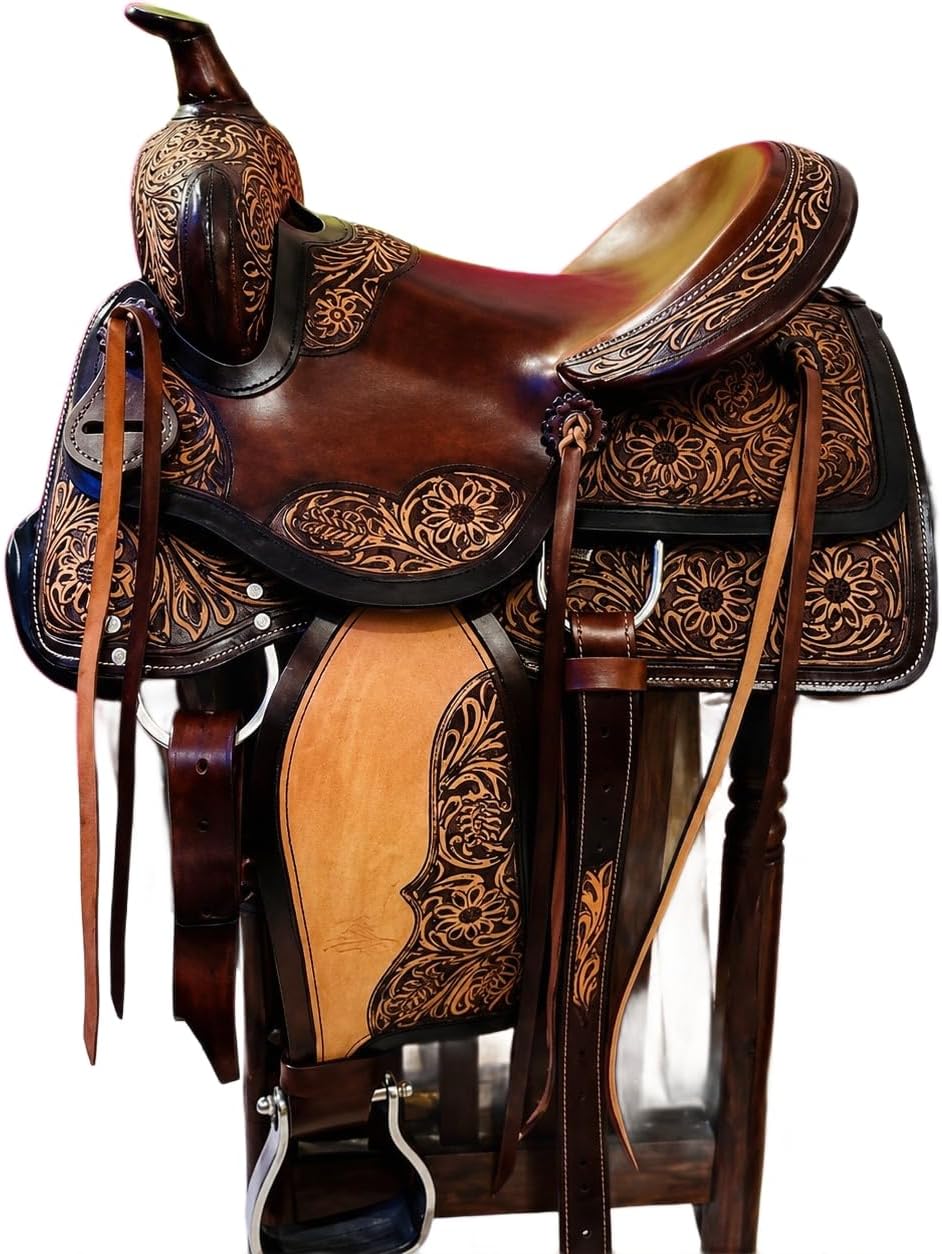 Leather Wade Horse Saddles Tree A Fork Roping Ranch Work Premium Western for Horses Handmade Equestrian Trail Tooled Carved Horse Saddle Tack Size: 10"-18" inches Seat, MD-WADE-82