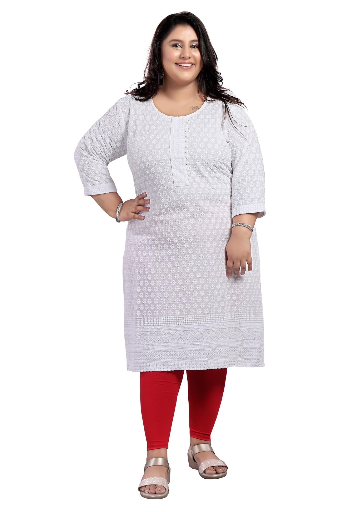 DARIKA White Chikankari Kurti for Women of Cotton in Plus Size & Small Size.