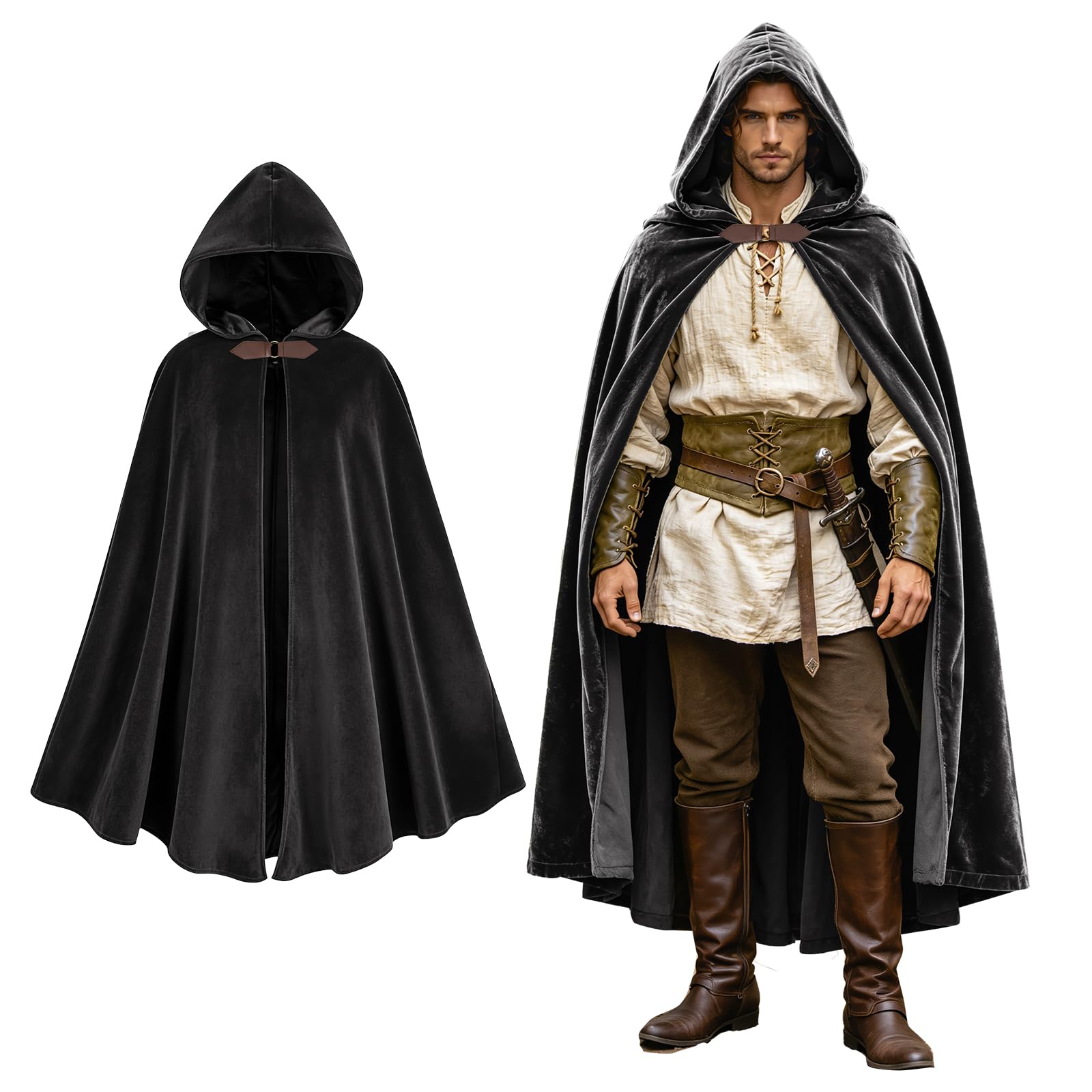LLTTEER Medieval Costume Cloak with Hood,Victorian Renaissance long Hooded Cape Cloak for Women Men Halloween Costume (Black)