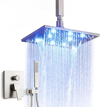 SKOWLL Ceiling Mount Shower Faucet Set, 10-Inch LED Shower Head | with Handheld, 2-Function Brushed Nickel, Rough-In Mixing Valve Included, cUPC Certified for Safe Shower