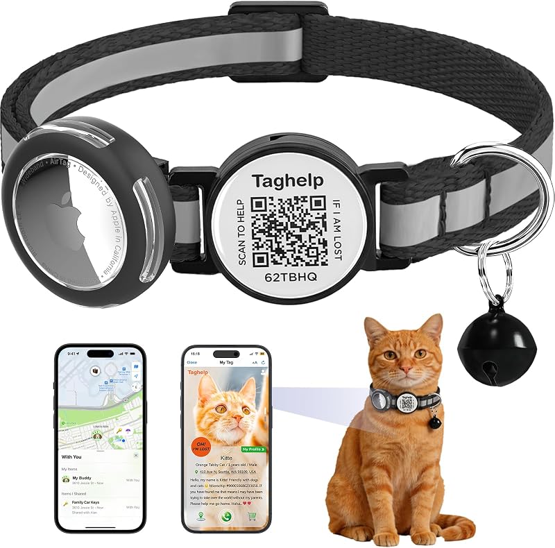 Coleira para Gatos com AirTag, Plaquinha QR Code, Faixa Refletiva e Fivela Breakaway Taghelp (Preta Listrada, 19,05–31,75 cm)