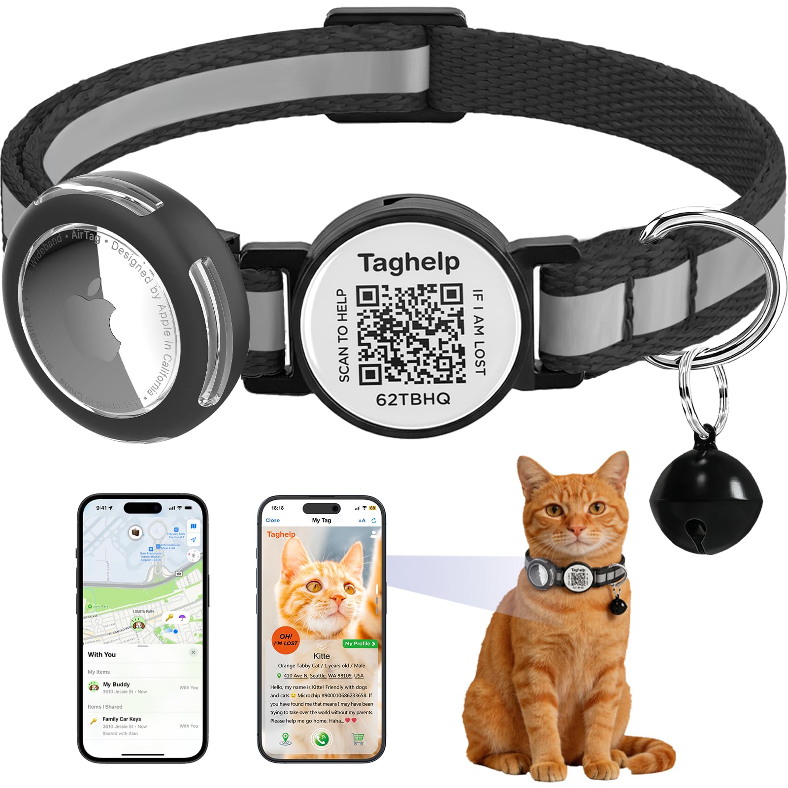 Waterproof Airtag Holder Cat Collar .Lightweight Kitten Collar for Apple Air tag. Solid &Safe,Reflective Pet Collar, Breakaway Smart ID tag, Scan QR