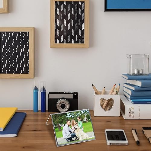 Miniatura 6 de Teling 12 marcos de fotos acrílicos de 3.5 x 5 pulgadas, marco de fotos inclinado hacia atrás, soporte para letreros transparentes, mini soporte de