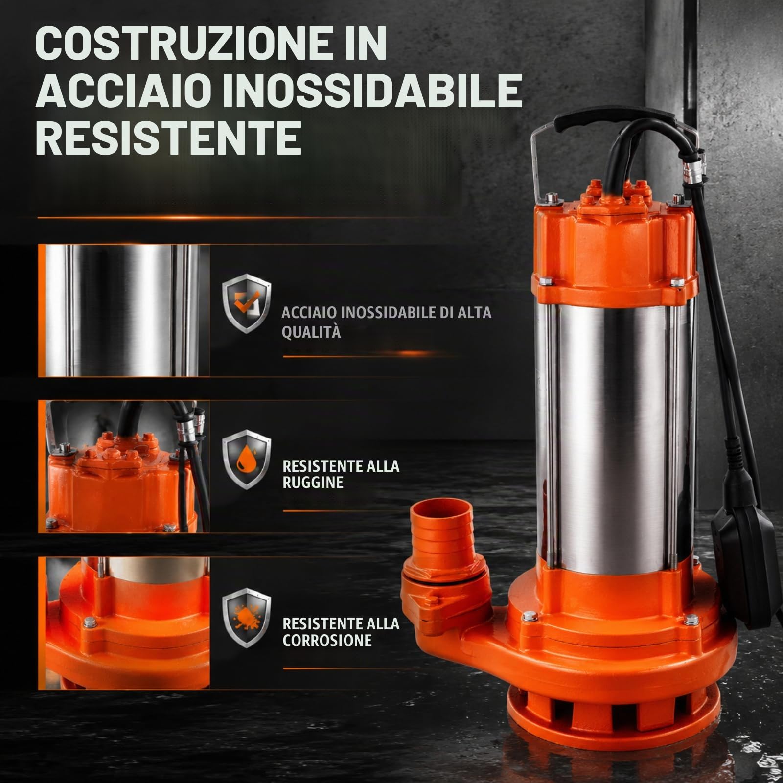 Pompa per acque reflue, 2200 W, 26000 l/h, pompa sommersa per acque reflue, pompa sommersa con interruttore galleggiante, in acciaio inossidabile, prevalenza 25 m, pompa per liquami con maniglia