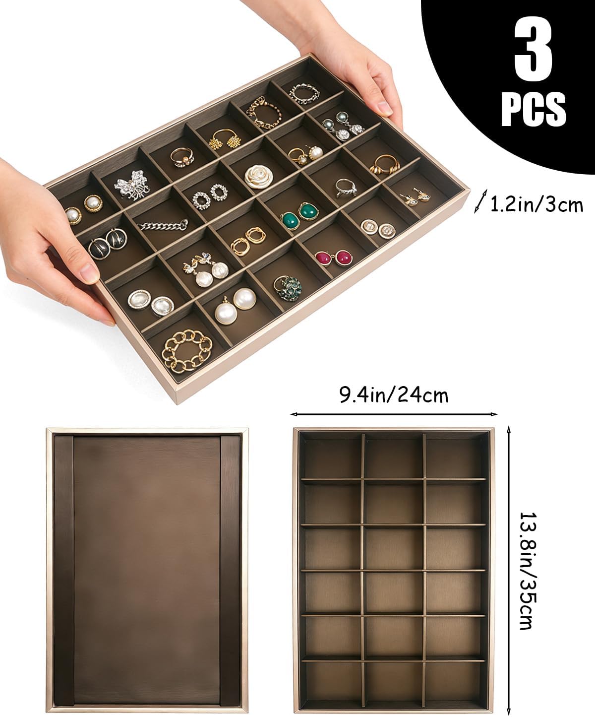 Jewelry Organizer, 3 Pack Velvet Jewelry Tray Jewelrys Drawer Organizer Stackable Jewelrys Trays, Bracelet Organizers For Earring Necklace Rings Bracelet Accessary (Champagne gold)
