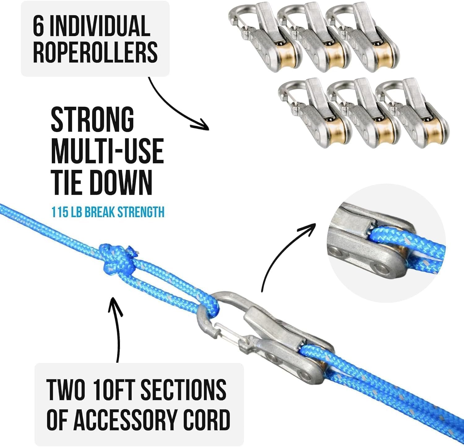 Rope Tightening Tool & Tensioner with Locking Buckle - Heavy Duty 6-Pack Paracord Adjusters, Rope with Roller Tensioner for Camping & Boating, Easy Pull Release Tie Down Kit for Tarps, Hammocks (2)
