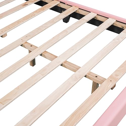 Miniatura 40 de Bonita cama de princesa tapizada con cabecera corona, cama de plataforma de cuero de tamaño matrimonial con listones de madera para niños y niñas