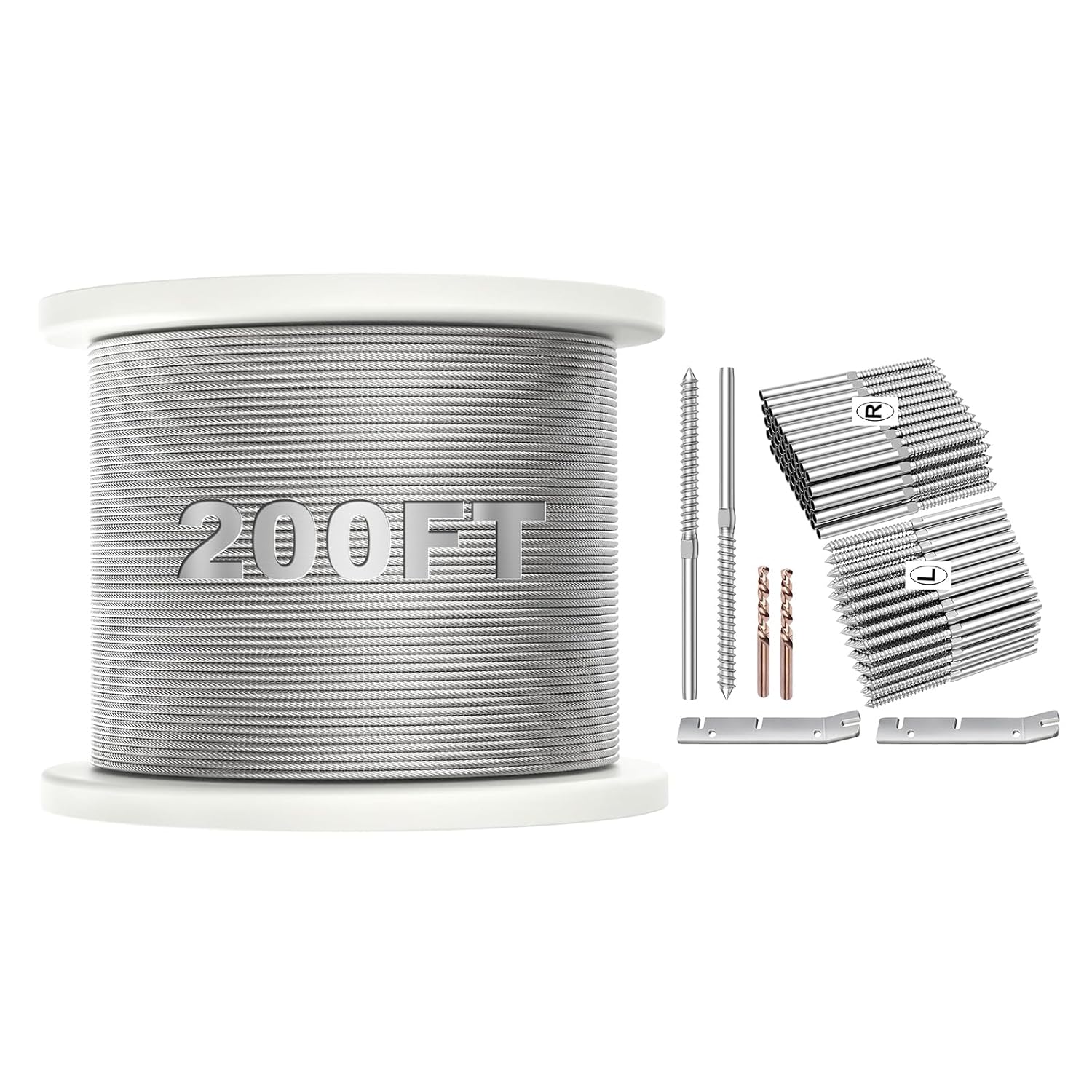 BLIKA 200FT 1/8" Deck Railing Cable and 100 Pack T316 Stainless Steel Right&Left Handed Thread Swage Lag Screws for Wood Posts