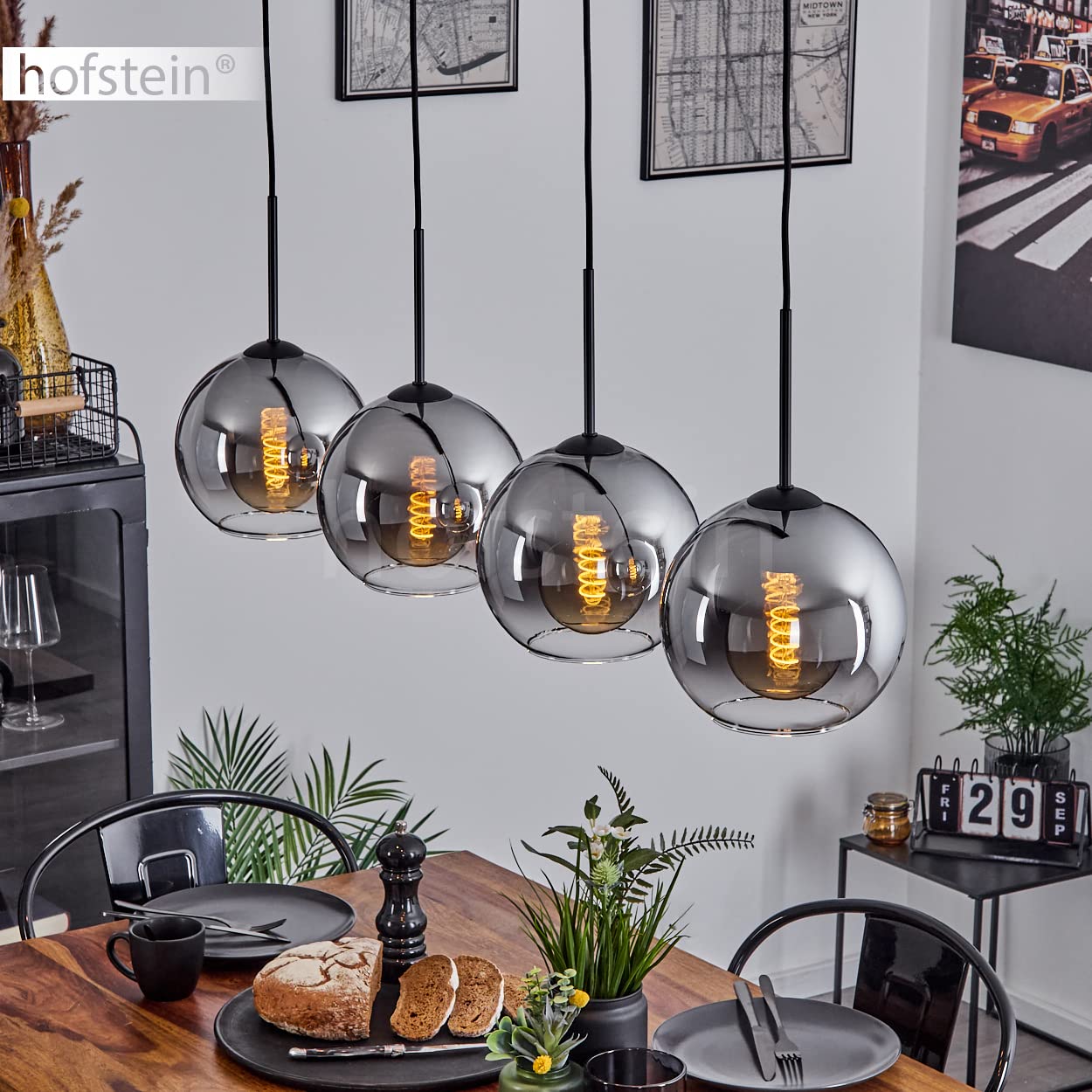 Lampa wisząca Koyoto, metalowa/szklana lampa wisząca w kolorze czarnym/chromowym/jasnym, 4-lampowa lampa/retro ze szklanymi kloszami (Ø20cm), maksymalna wysokość 152,5cm, E27, bez żarówki