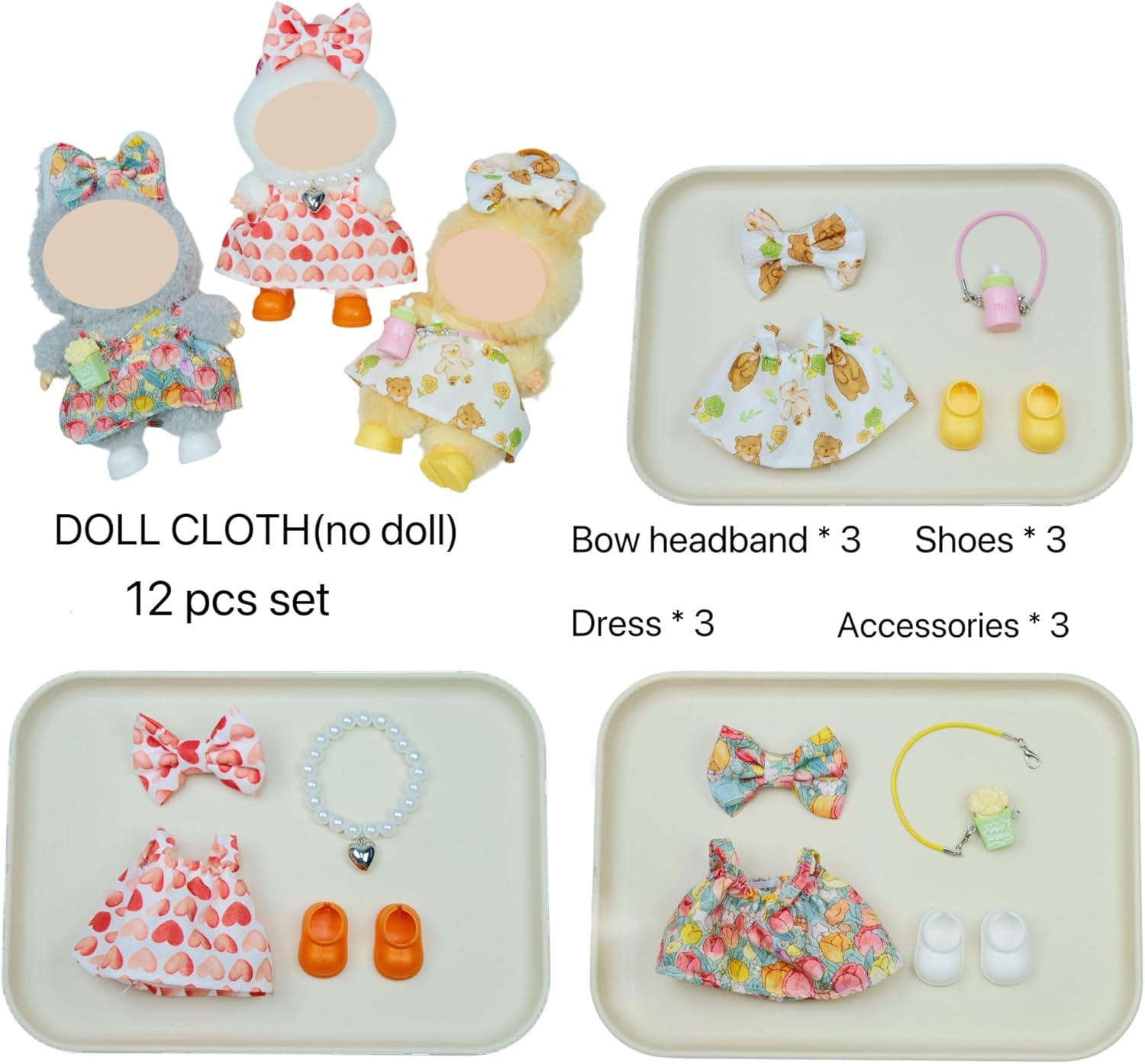 Clothes for 17cm Doll, 12 Pcs Set Doll's Outfits Luxury Clothes Bow Headset Shoes and Accessories, Stylish Adorable Dolls Dress Clothes(No Doll) (3-Dress Multicolor)