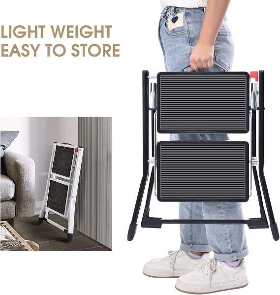 Kingrack Step Ladder Stool, Double Side Folding Step Stool, Portable 2 Step Ladder with handdle, Anti-Slip Large Platform, Slim Household Stepladder with Multi-function, Black