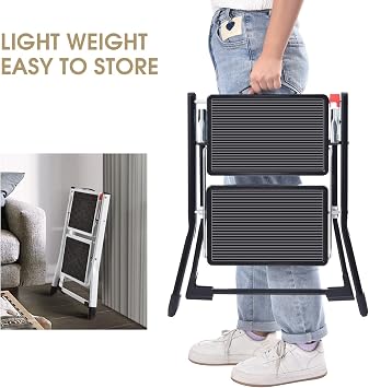 Kingrack Step Ladder Stool, Double Side Folding Step Stool, Portable 2 Step Ladder with handdle, Anti-Slip Large Platform, Slim Household Stepladder with Multi-function, Black