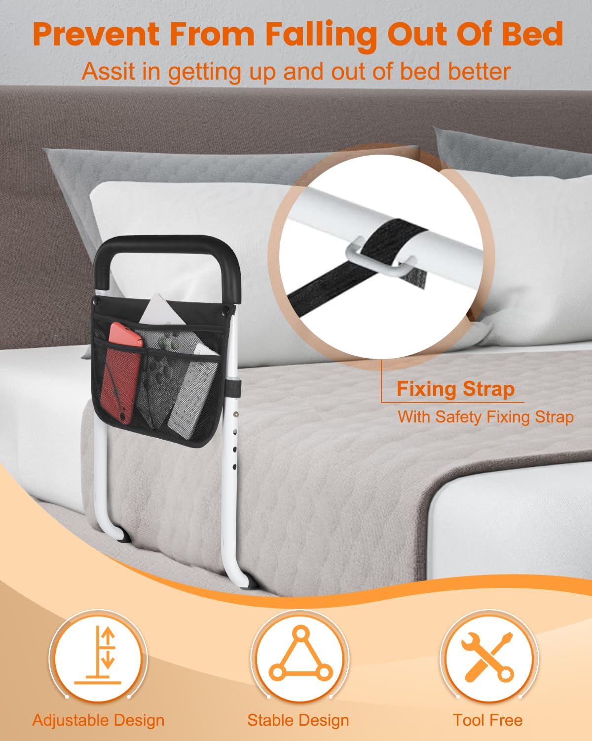 Bed Rails for Elderly Adults Safety - Adjustable Bed Assist Rail for Seniors - Stable Beds Side Rails with Storage Bag & Fixing Strap, Fit King Queen Full Twin