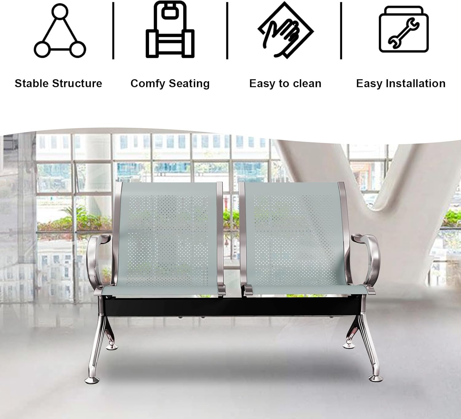 kinbor Waiting Room Chairs - Durable Reception Bench with Armrests, 2-Seat Office Reception Guest Chairs for Office, Hospital, Airport, Clinic, Bank & Lobby, Silver​