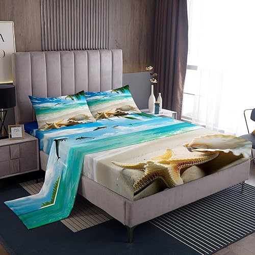 Erosebridal Juego de sábanas con temática oceánica hawaiana de playa hawaiana, diseño de conchas y estrellas de mar, sábanas con estampado de hojas
