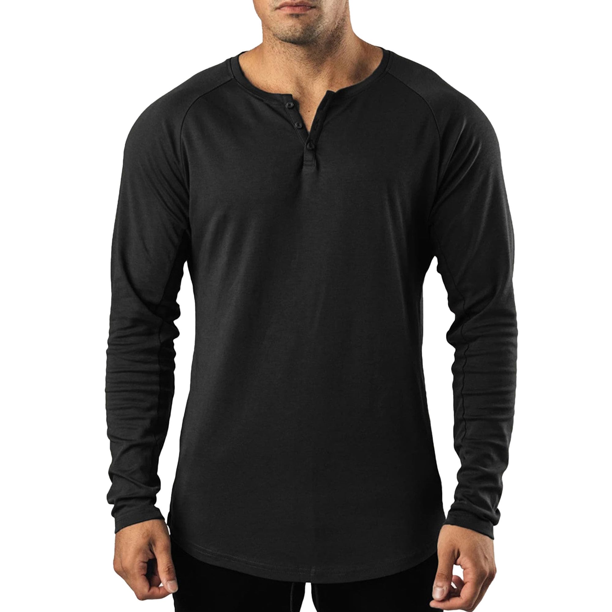 Men's V-Neck Long Sleeve Henley Shirt Muscle Fit Elastic Tee Top Casual Slim Fit Workout Shirt Undershirt (3X-Large,Black)
