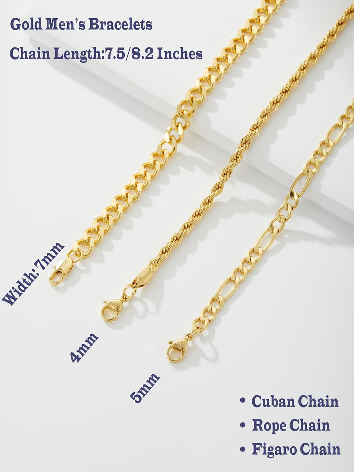 3 PCS Silver Bracelets for Men 925 Sterling Silver/14K Gold Palted Cuban Link Chain Bracelet Figaro Rope Bracelet Set Mens Jewelry Gifts for Dad Husband Boyfriend 7.5/8.2 Inches - Image 5