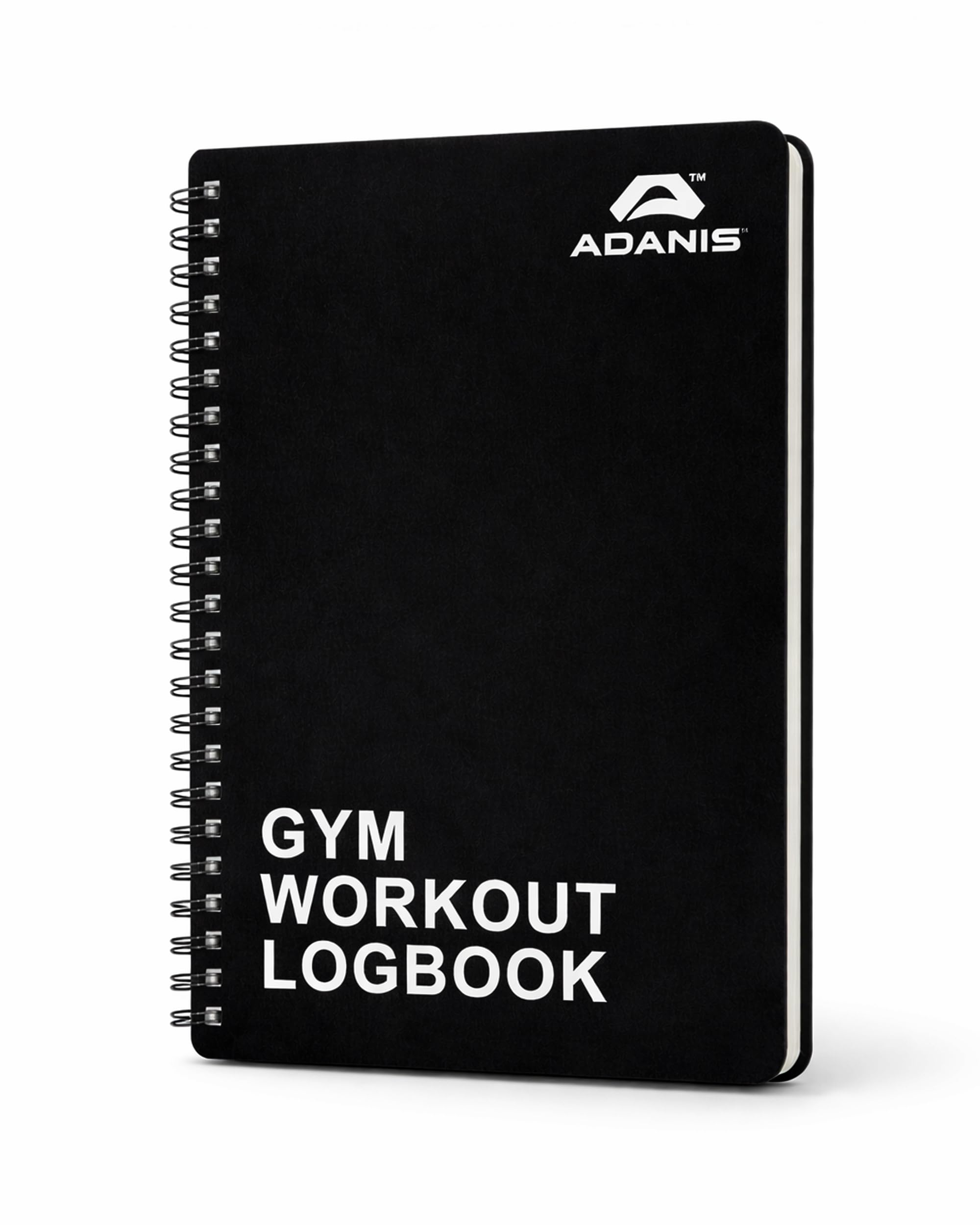 Adanis Workout Notepad Black Gym Training Log Book with Exercise, Sets, Reps and Cardio Tracking Pages, Compact Spiral Bound Fitness Journal, 52 Sheets 104 Pages, Portable A5 Size for Gym Bags