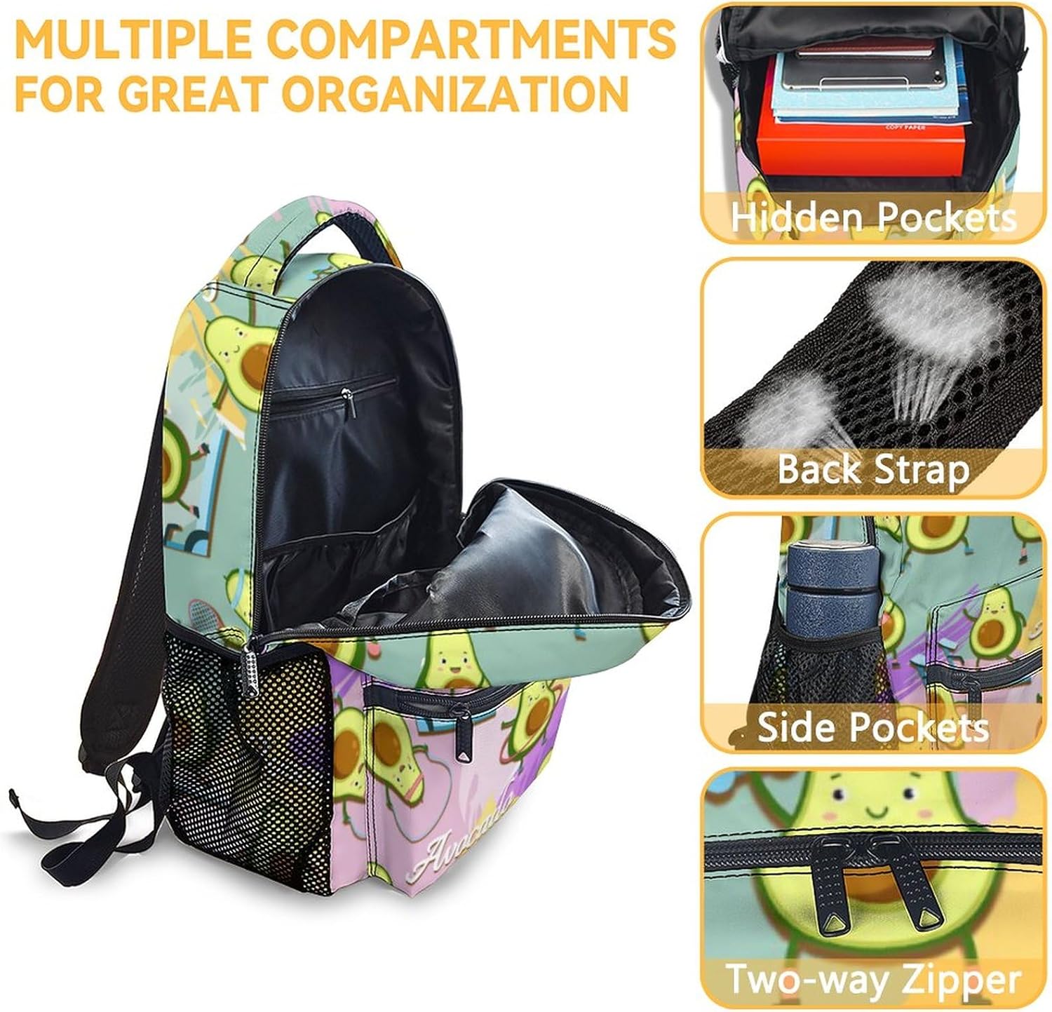 Mercuryelf Avocado Backpack for Girls Boys - 16 Inch Colorful Backpacks for School Travel - Cute Lightweight Bookbag for Kids