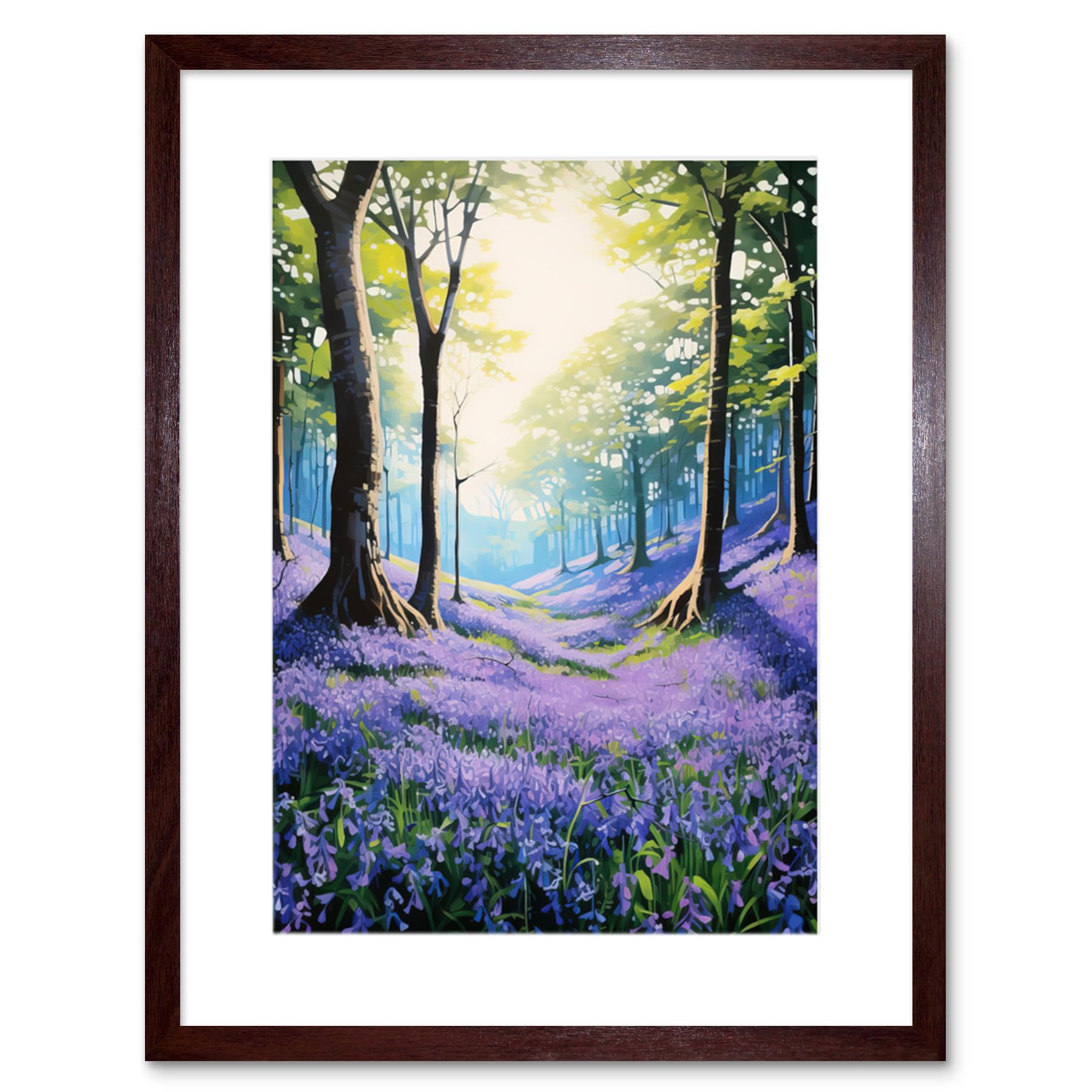 Artery8 Bluebell Forest Sunshine Vibrant Artwork Purple Blue Flowers Early Morning Serene Landscape Artwork Framed Wall Art Print 9X7 Inch