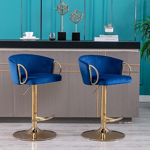 Miniatura 9 de Juego de 2 taburetes de bar de terciopelo, silla de bar con reposapiés cromado y base giratoria de altura ajustable, sillas de comedor modernas para
