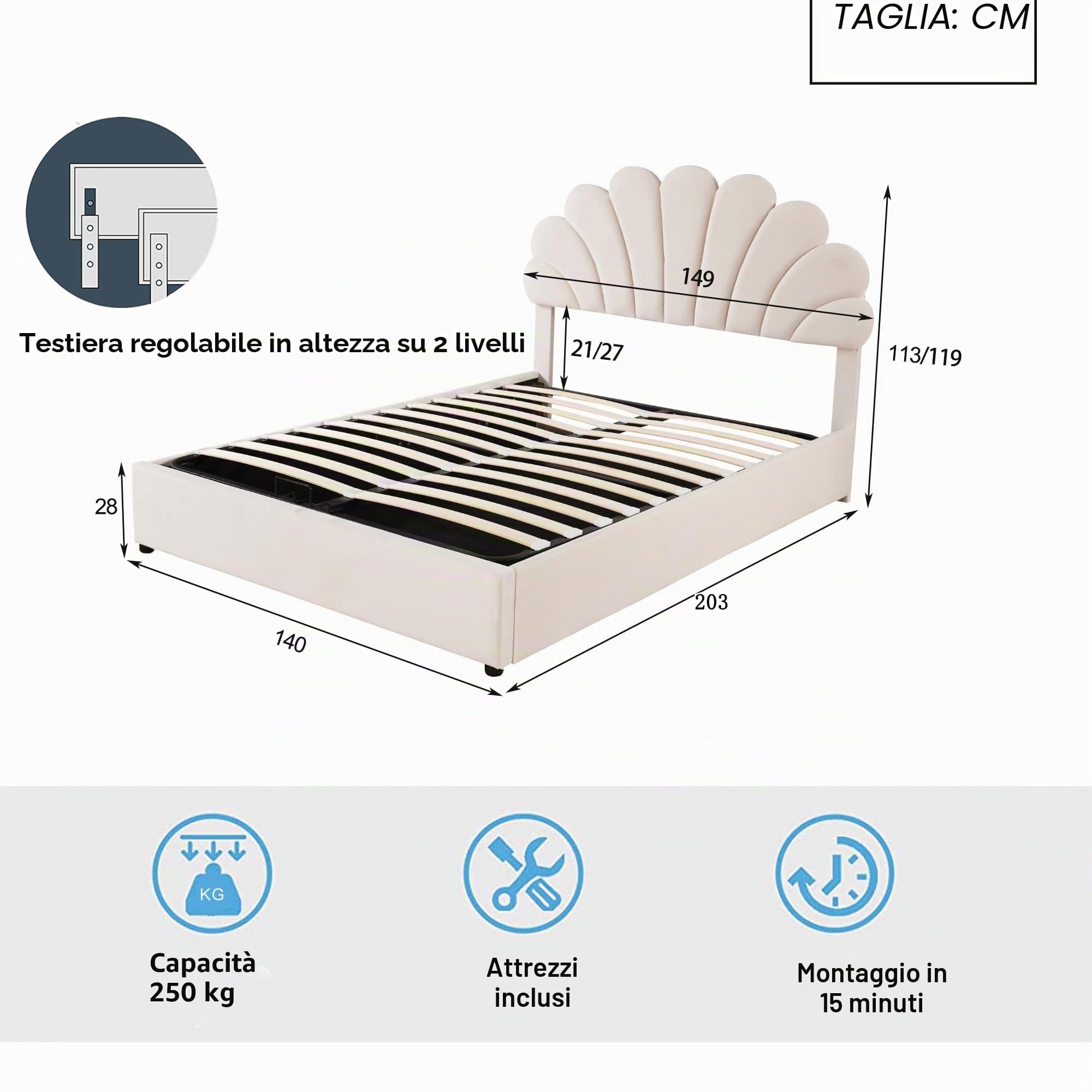 Soweiz Letto contenitore imbottito 140x200 cm, con testiera floreale e rete ortopedica, con testiera regolabile in altezza e contenitore idraulico, tessuto in velluto ipoallergenico (contenitore