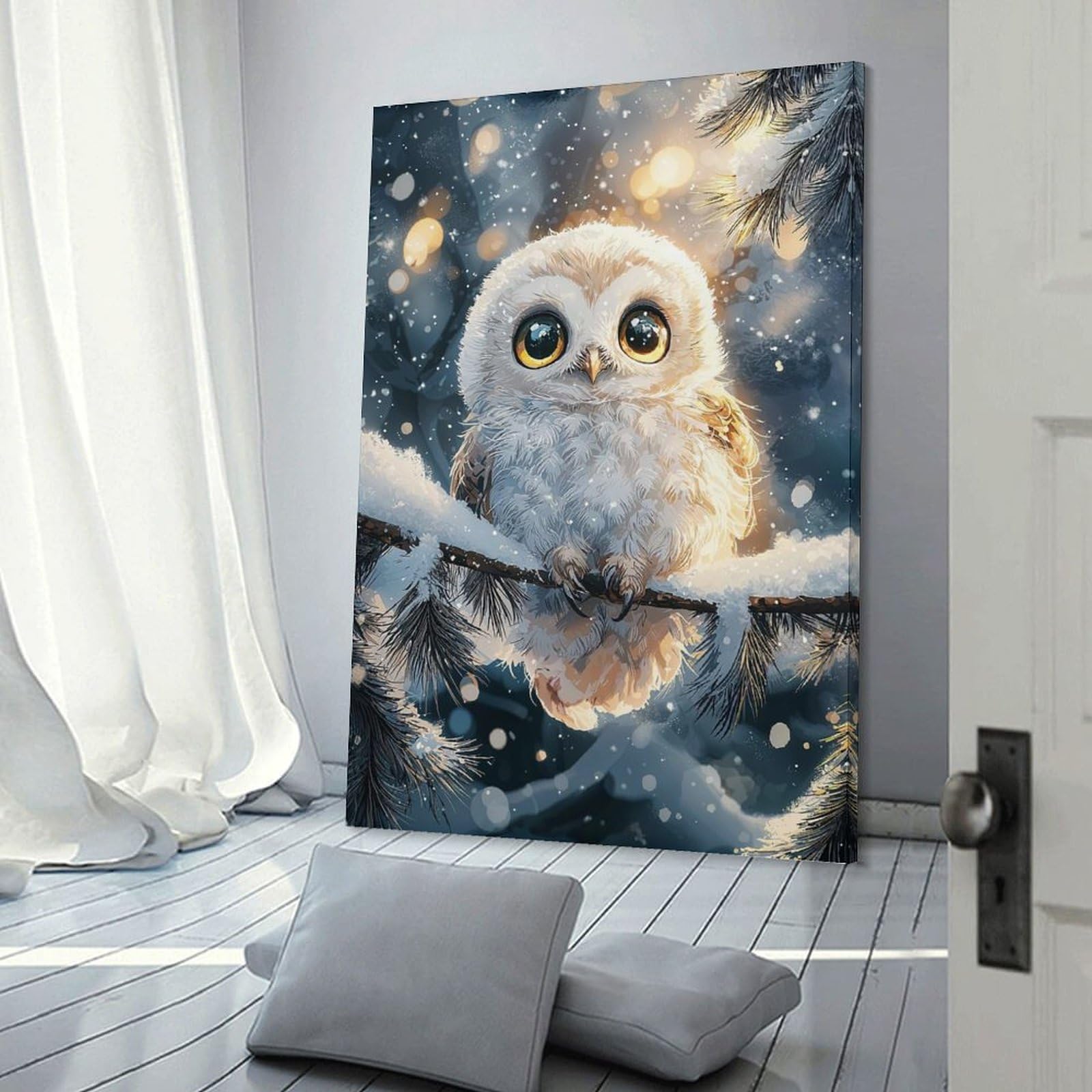 Junmoney Snowy Owl Portrait Decorative Wall Artwork 20x30inch(50x75cm), for Front Hall, Corridor Or Welcome Spaces, Decorative Wall Art for Narrow Spaces
