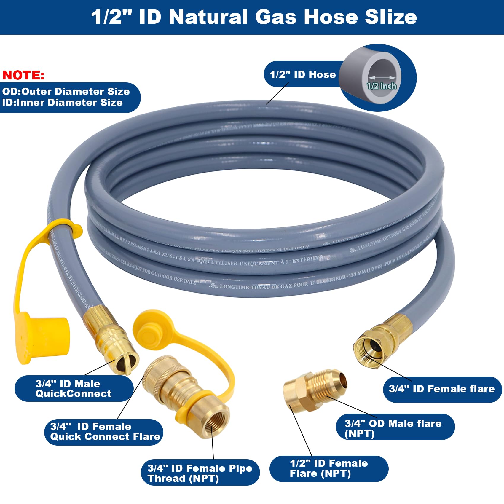 SUMNEW Manguera de gas natural de 12 pies de diámetro interior de 1/2 pulgada, accesorios de conexión y desconexión rápida con adaptador hembra de 3/8 pulgadas por macho de 1/2 pulgada para parrilla,