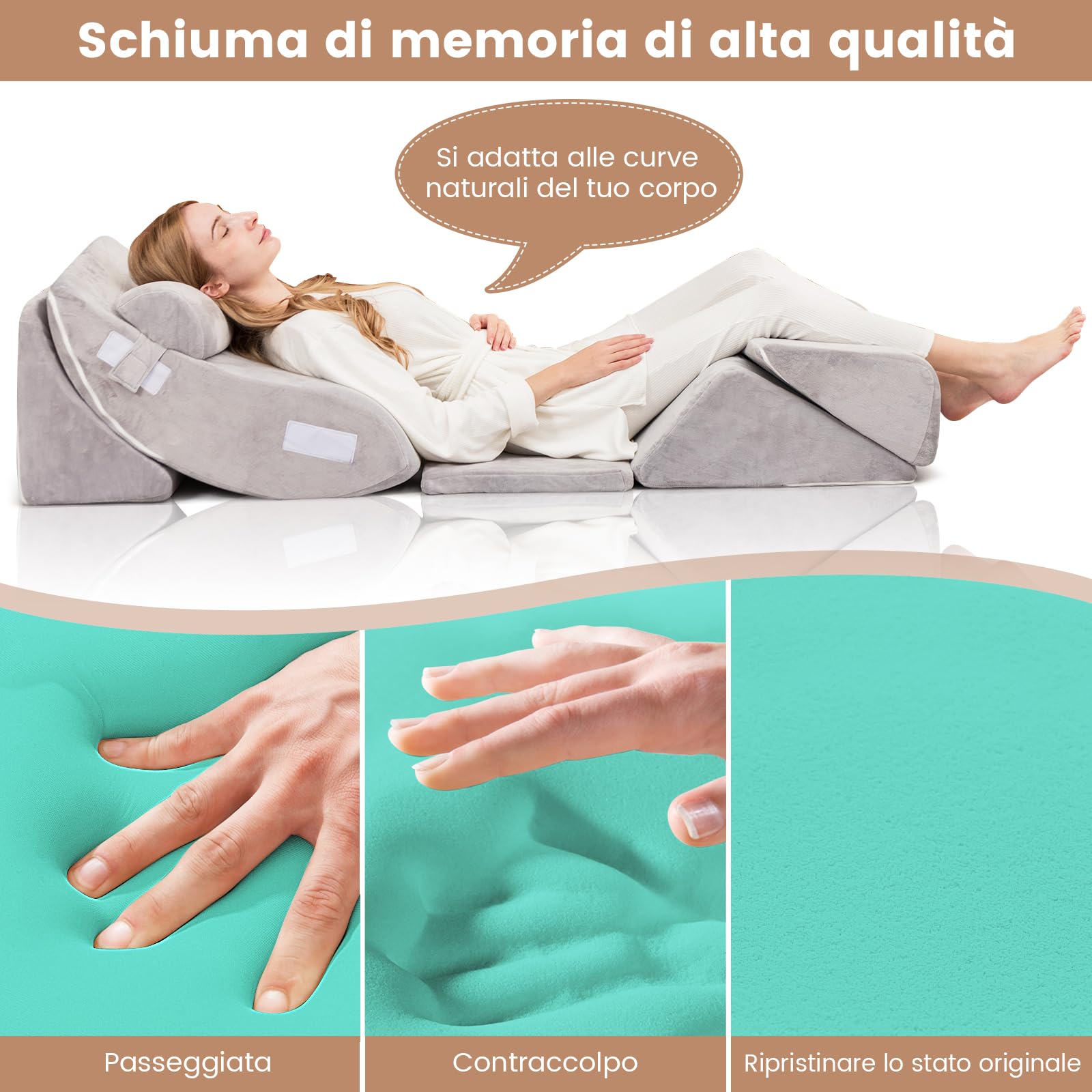 GYMAX Set di Cuscino a Cuneo per Letto/Divano, in Memory Foam, Cuscino Ergonomico, Supporto per Collo/Lombare/Schienale/Gambe, Forma Regolabile, Design Ortopedico, Grigio (6 Pz)