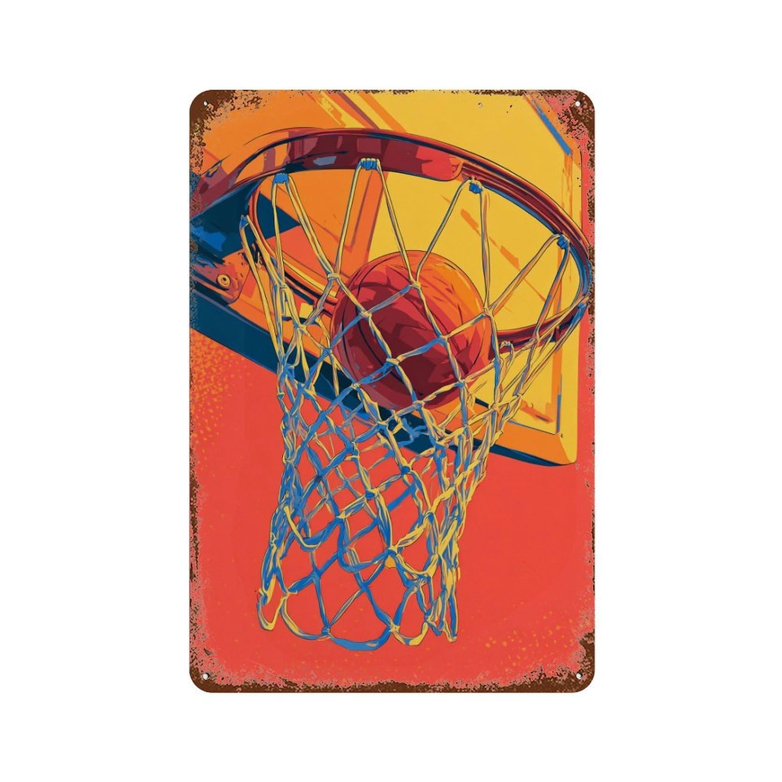 Sports Basketball Hoop Action Rustic Tin Plaque 11.8"x7.9", Rustic Home Decor for Office, Studio And Wall Decor