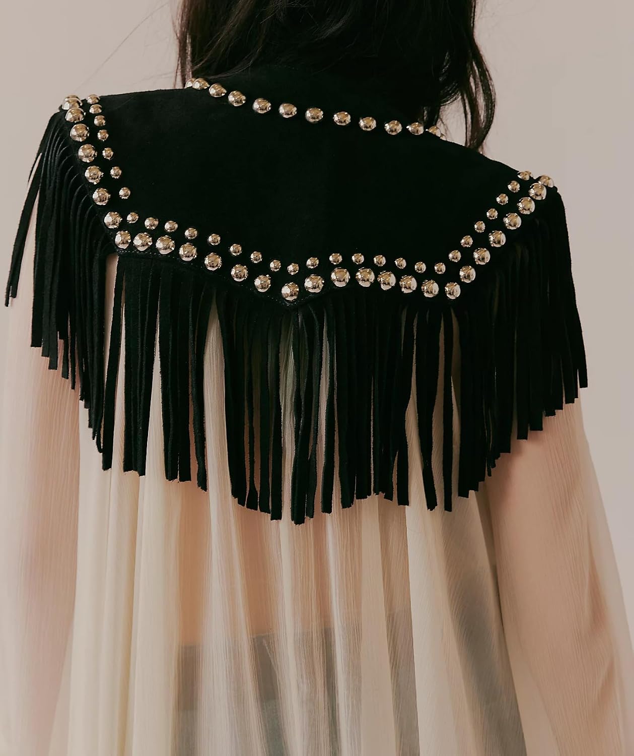 Luckinbaby Ponchos Collar for Women Studded Faux Suede Shawls Wrap Tassel Open Front Western Cape Top