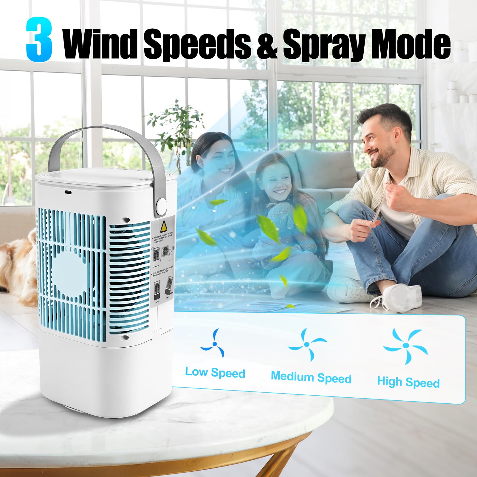 Mobile Klimaanlage mit 900ml Wassertank, Ventilator | 2/4 h Timer, 3 Windgeschwindigkeiten, Sprühfunktion, 7 Farben Licht, Mini Luftkühler für Schlafzimmer und Büro