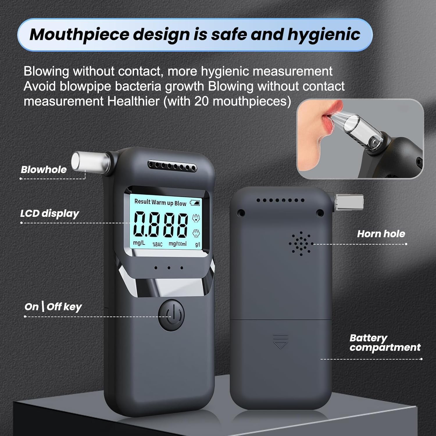 Alkoholtester – Professionelles Alkoholmessgerät mit Sprachalarm & Ampelsystem, Promillemessgerät mit 20 Wiederverwendbare Mundstücke, LCD-Display, Ultraleicht 98g für unterwegs